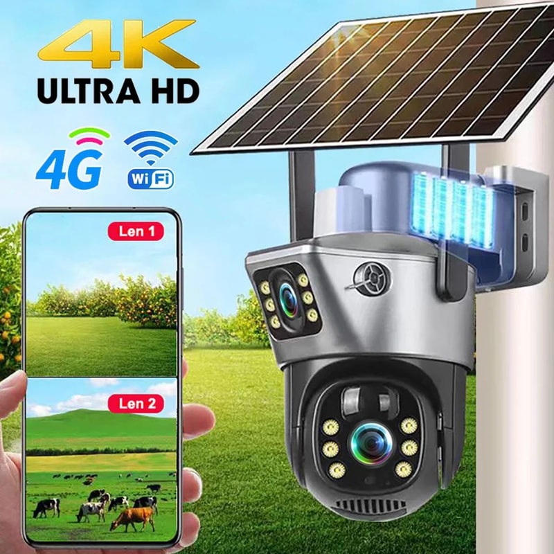 4GWiFi Solar 8MP 4K Dual Lens Outdoor Security Camera With PIR Night Vision And Long Battery Life 0
