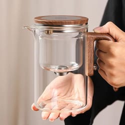 magnetic tea separation glass teapot with one click water control and wooden handle