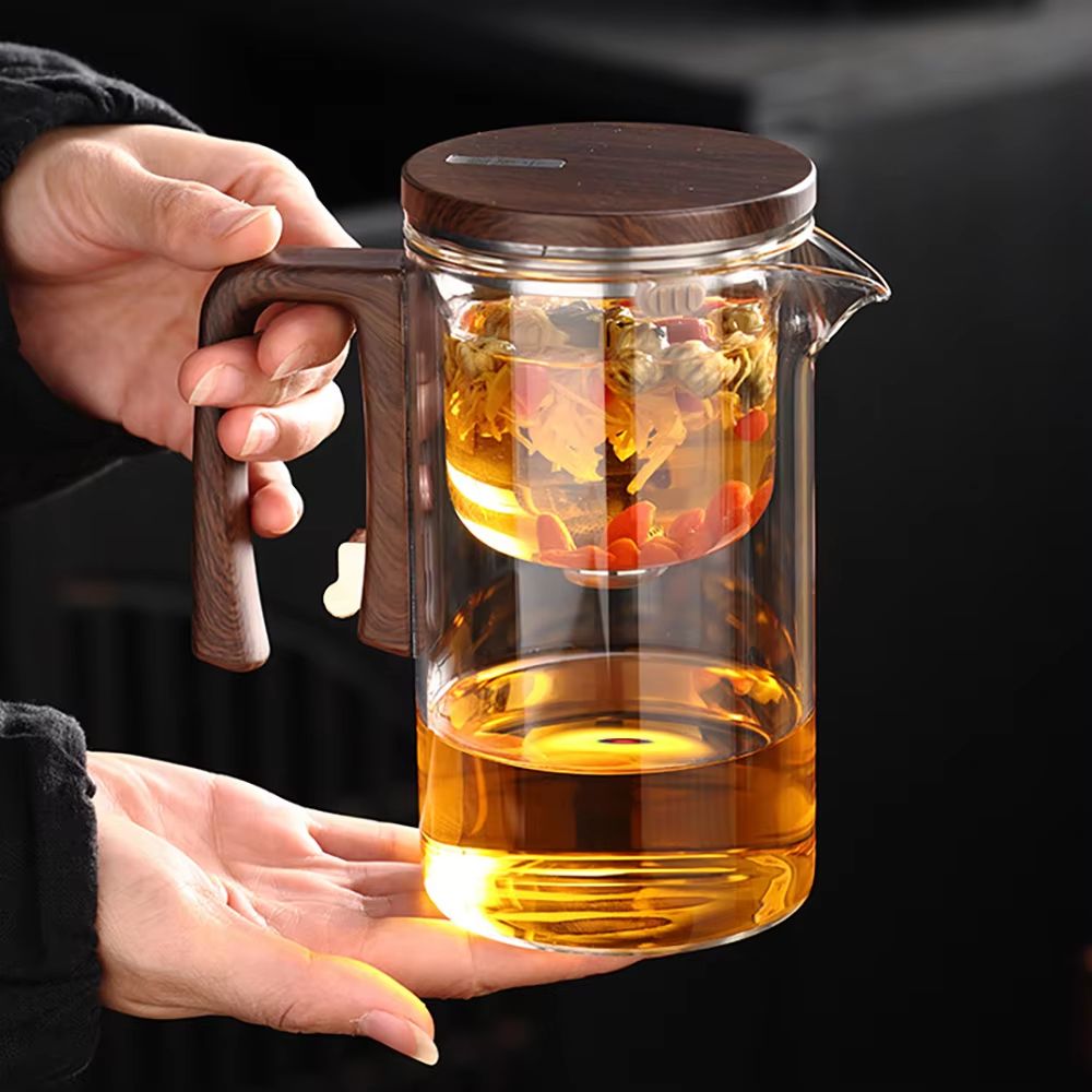 Magnetic Tea Separation Glass Teapot With One Click Water Control And Wooden Handle 3