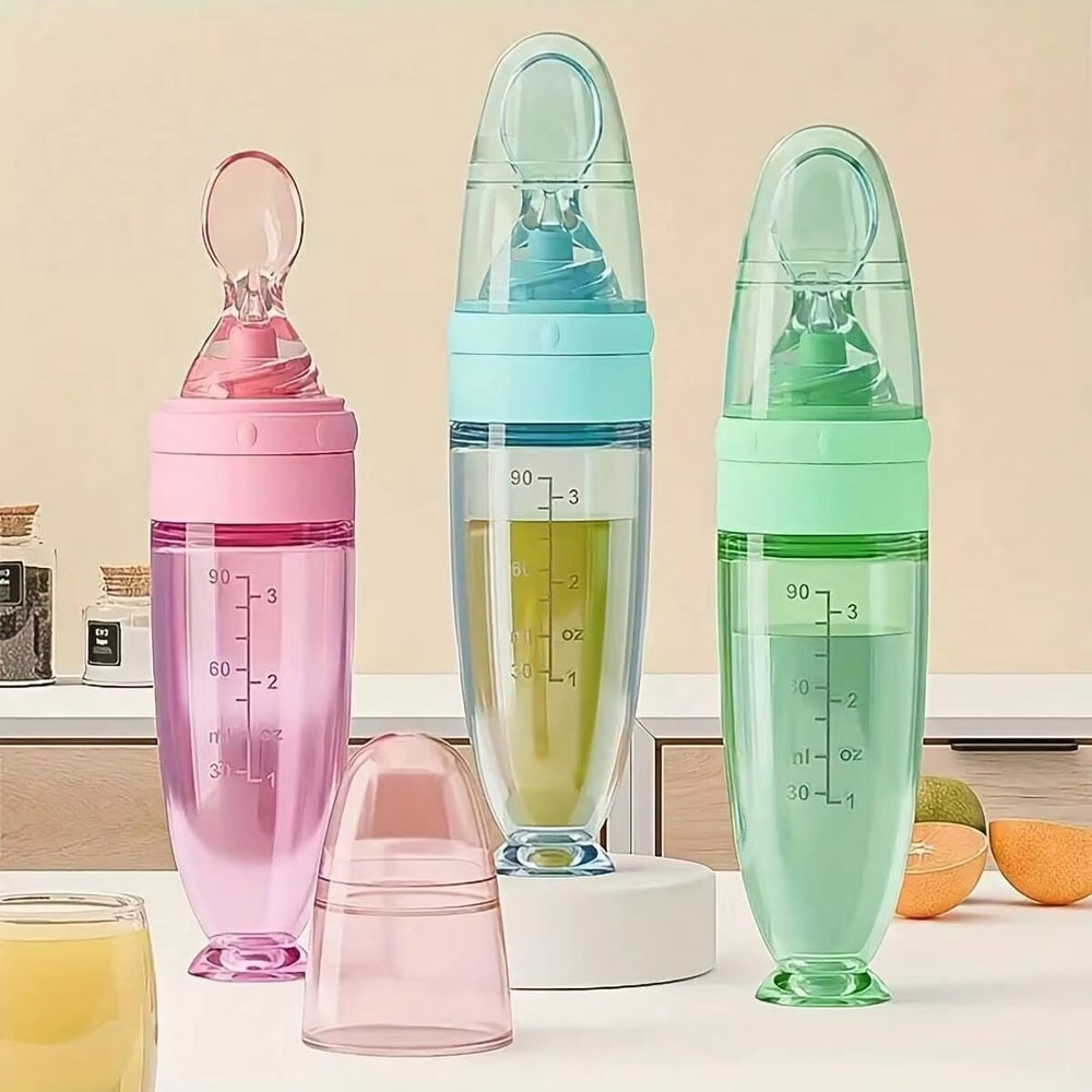 90m3oz Portable Colorful Silicone Baby Feeder Bottle With Soft Spoon Suction Cup Dust Cap 0