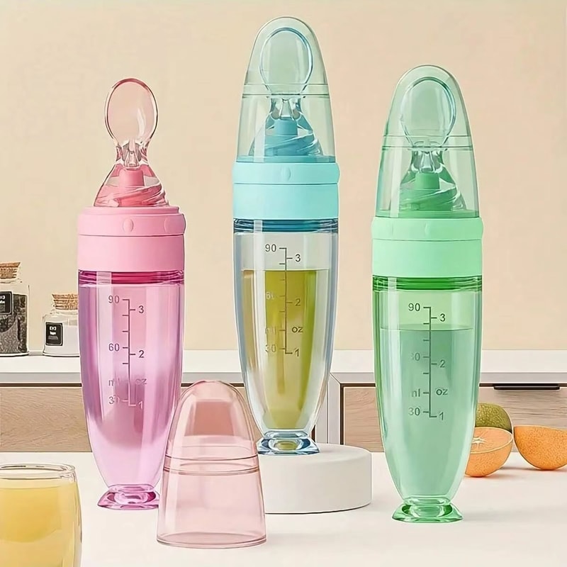 90m3oz Portable Colorful Silicone Baby Feeder Bottle With Soft Spoon Suction Cup Dust Cap 0
