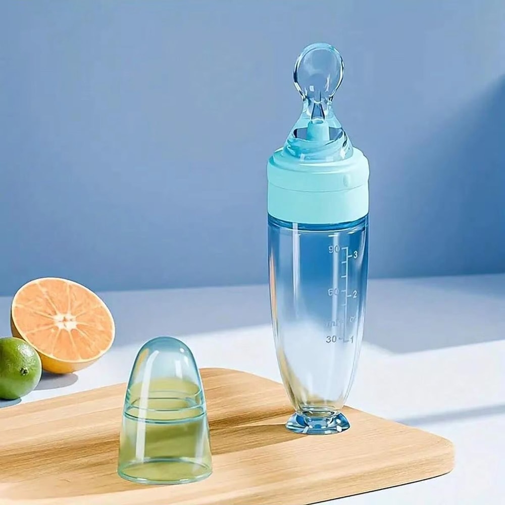 90m3oz Portable Colorful Silicone Baby Feeder Bottle With Soft Spoon Suction Cup Dust Cap 7