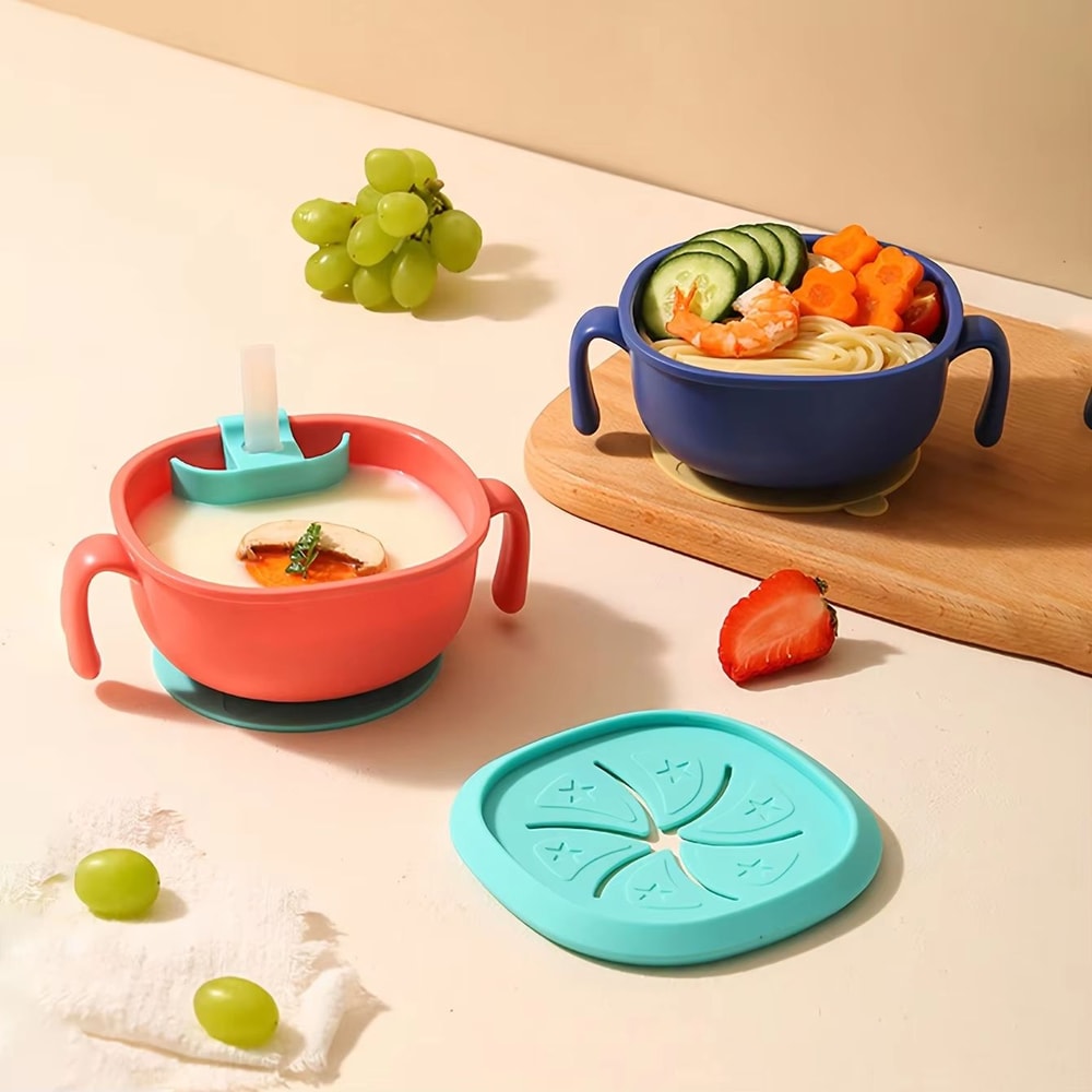 3in1 Silicone Baby Snack Bowl With Suction Cup Straw Cover Portable Handle Cup 0