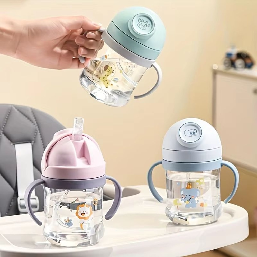 8 Oz Cute Cartoon Kids Straw Cup With Handle And Gravity Ball 0