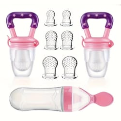 9-piece baby feeding set with silicone squeeze bottle, fruit feeders, and 6 mesh pouches