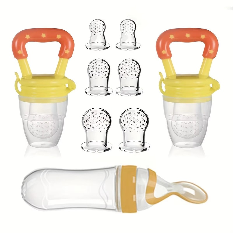 9Piece Baby Feeding Set With Silicone Squeeze Bottle Fruit Feeders And 6 Mesh Pouches 9
