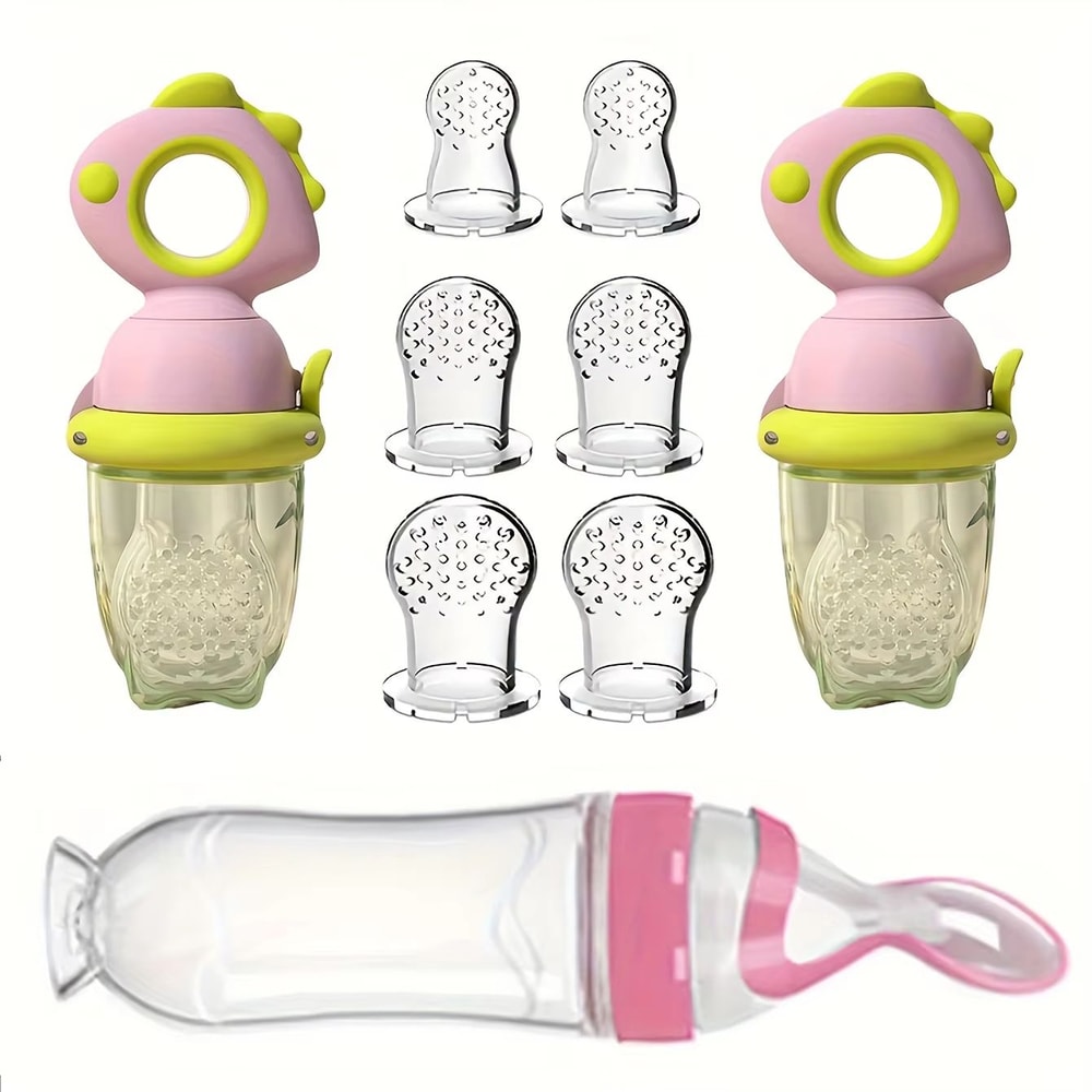 9Piece Silicone Baby Feeding Set With Dinosaur Rotating Fruit Feeder Squeeze Bottle And SML Silicon 0