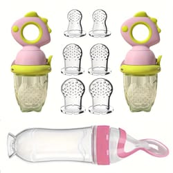 9-piece silicone baby feeding set with dinosaur rotating fruit feeder, squeeze bottle and s/m/l silicone bags