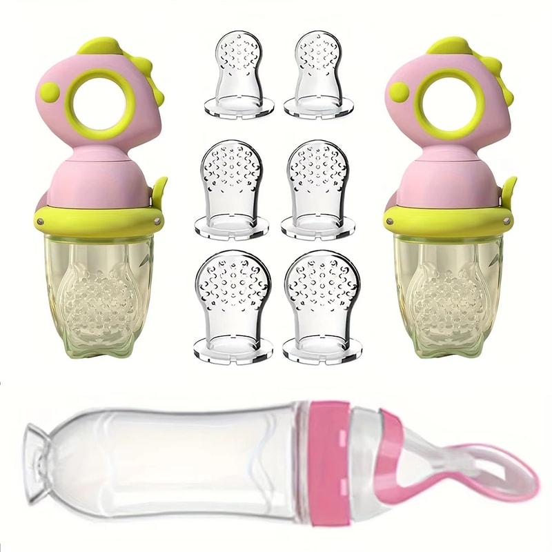 9Piece Silicone Baby Feeding Set With Dinosaur Rotating Fruit Feeder Squeeze Bottle And SML Silicon 0