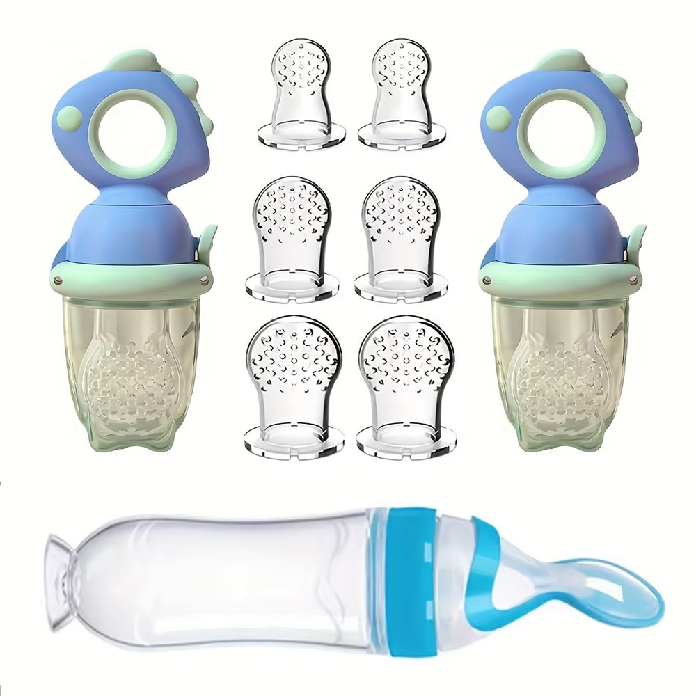 9Piece Silicone Baby Feeding Set With Dinosaur Rotating Fruit Feeder Squeeze Bottle And SML Silicon 1