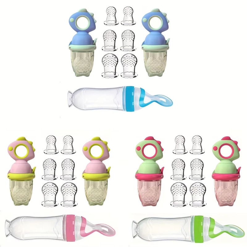 9Piece Silicone Baby Feeding Set With Dinosaur Rotating Fruit Feeder Squeeze Bottle And SML Silicon 3