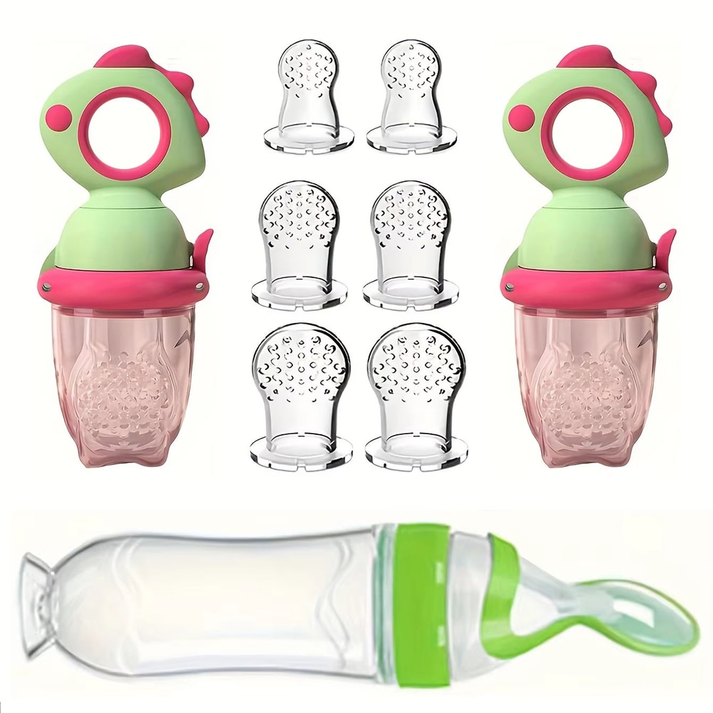 9Piece Silicone Baby Feeding Set With Dinosaur Rotating Fruit Feeder Squeeze Bottle And SML Silicon 8