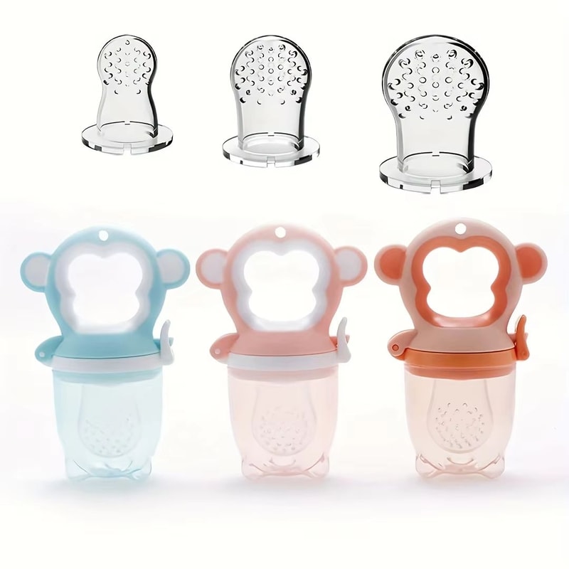 4Piece MonkeyShape Baby Fruit Feeder Set With EasyHandle Ring And 3 Silicone Mesh Bags SML 1