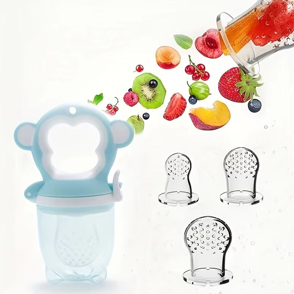 4Piece MonkeyShape Baby Fruit Feeder Set With EasyHandle Ring And 3 Silicone Mesh Bags SML 6