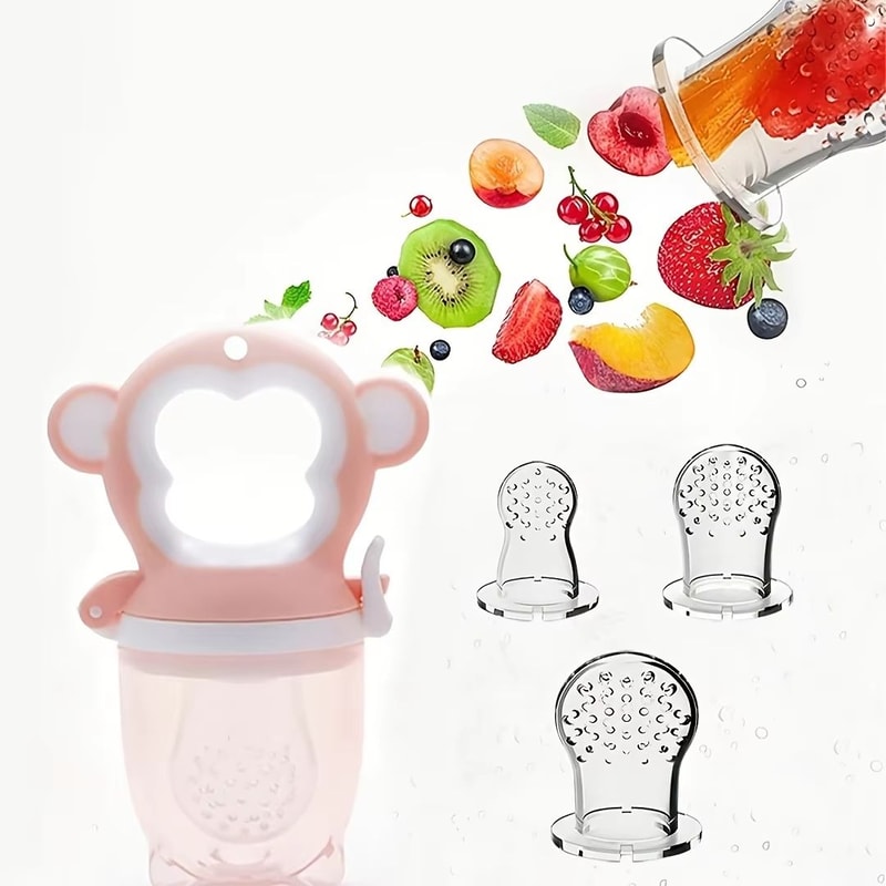 4Piece MonkeyShape Baby Fruit Feeder Set With EasyHandle Ring And 3 Silicone Mesh Bags SML 7