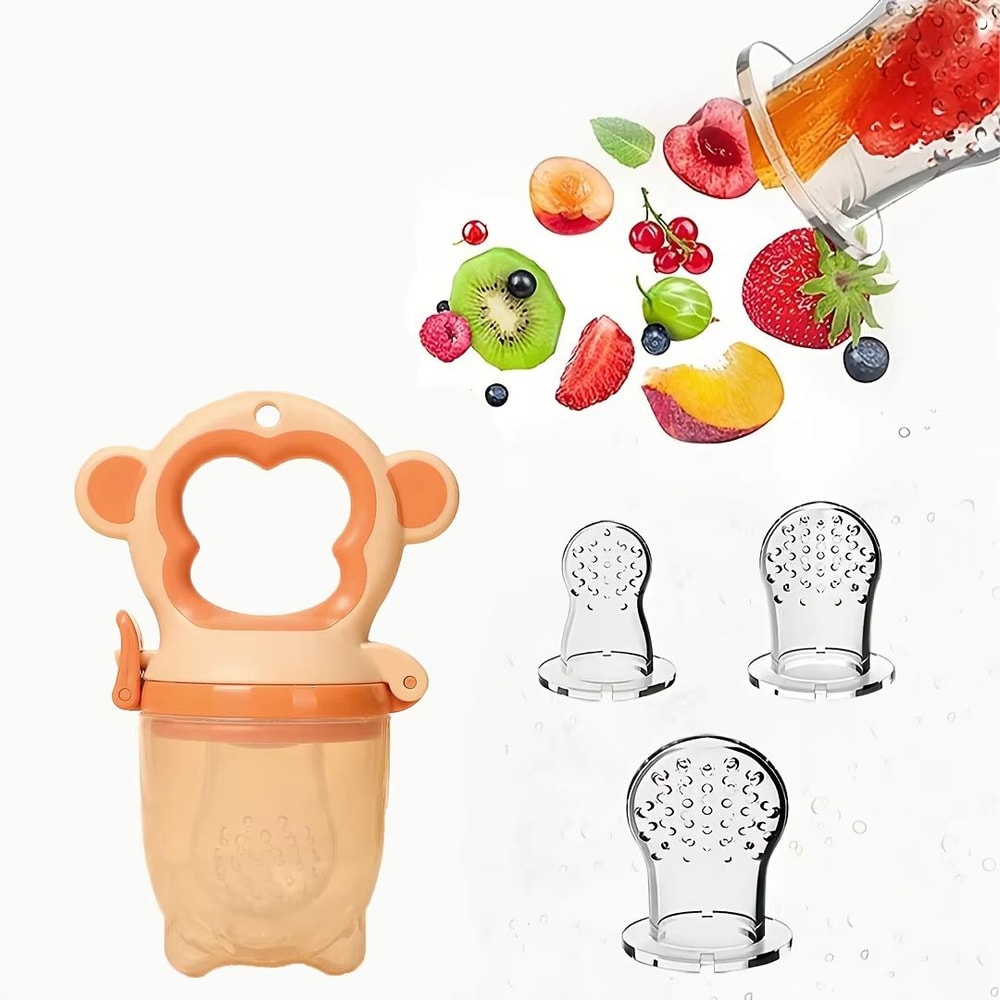 4Piece MonkeyShape Baby Fruit Feeder Set With EasyHandle Ring And 3 Silicone Mesh Bags SML 8
