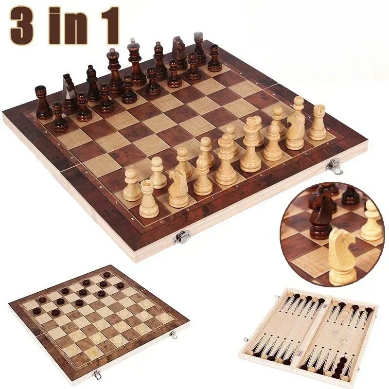3in1 Folding Wooden Chess Board Set With Checkers And Backgammon Portable Travel Game Case 0