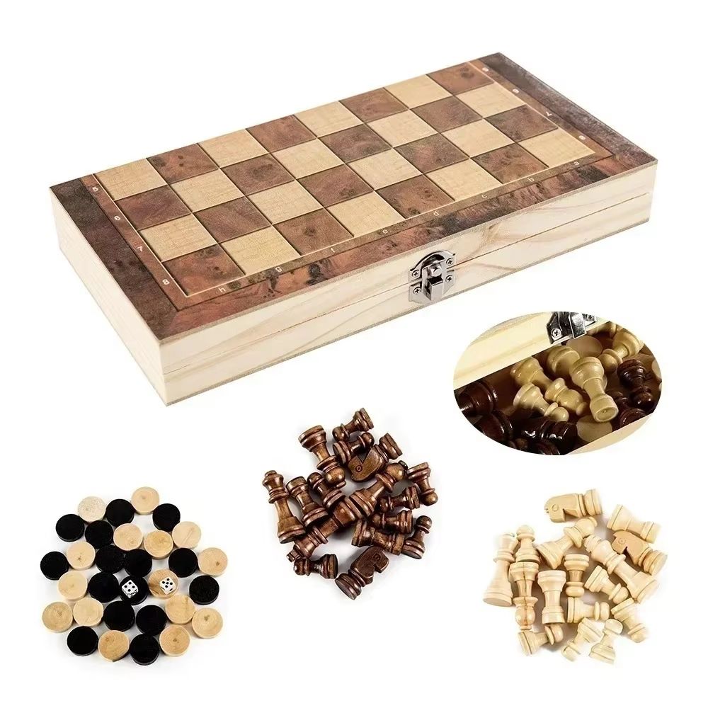 3in1 Folding Wooden Chess Board Set With Checkers And Backgammon Portable Travel Game Case 1