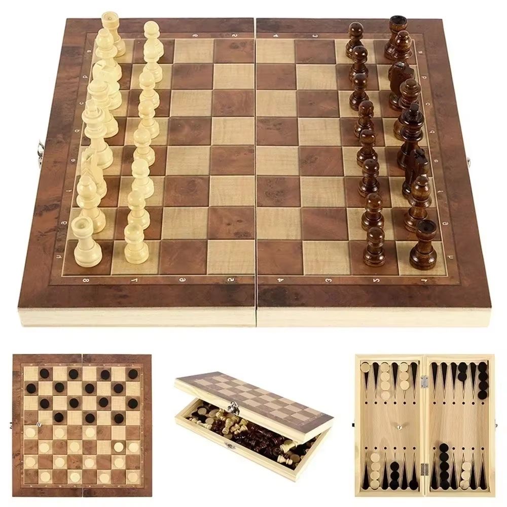 3in1 Folding Wooden Chess Board Set With Checkers And Backgammon Portable Travel Game Case 2