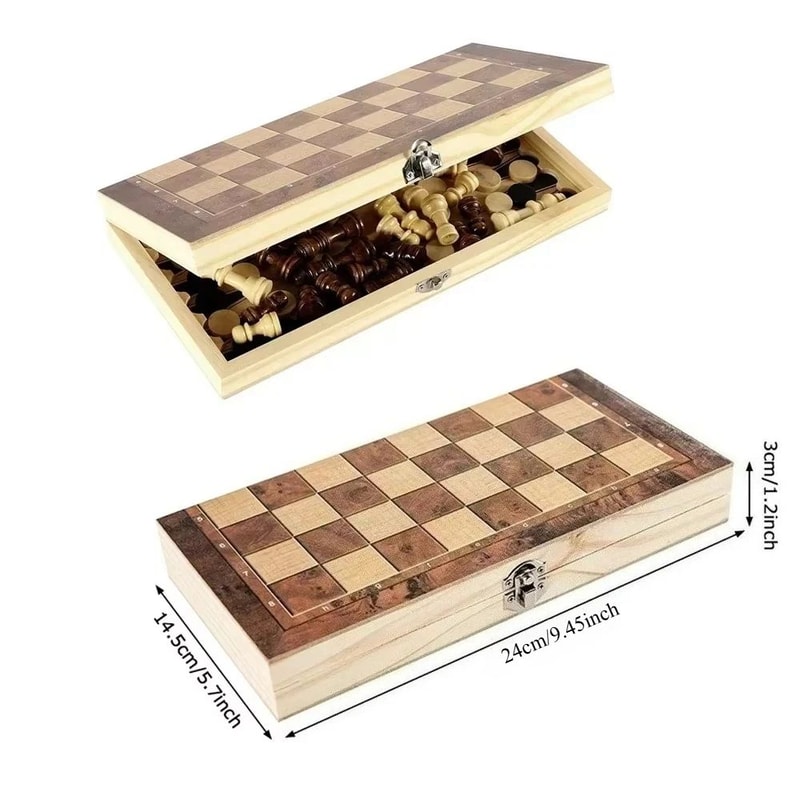 3in1 Folding Wooden Chess Board Set With Checkers And Backgammon Portable Travel Game Case 5