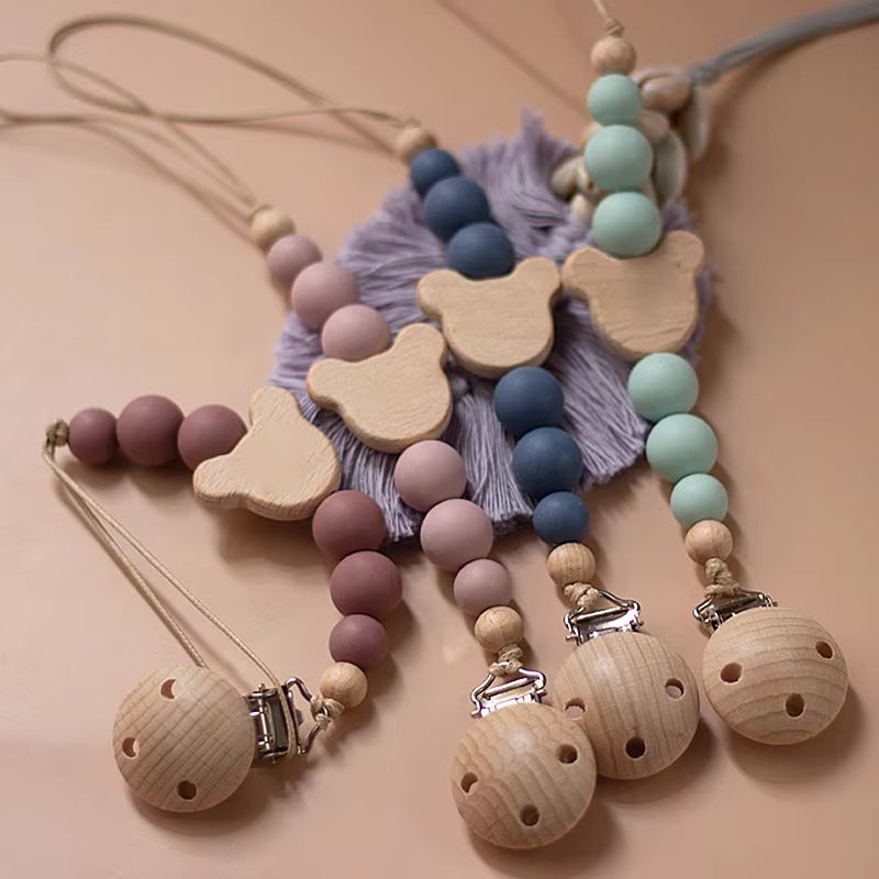 TinyGem Wooden Pacifier Chain With Silicone Beads Safe Teether And Dummy Holder 0