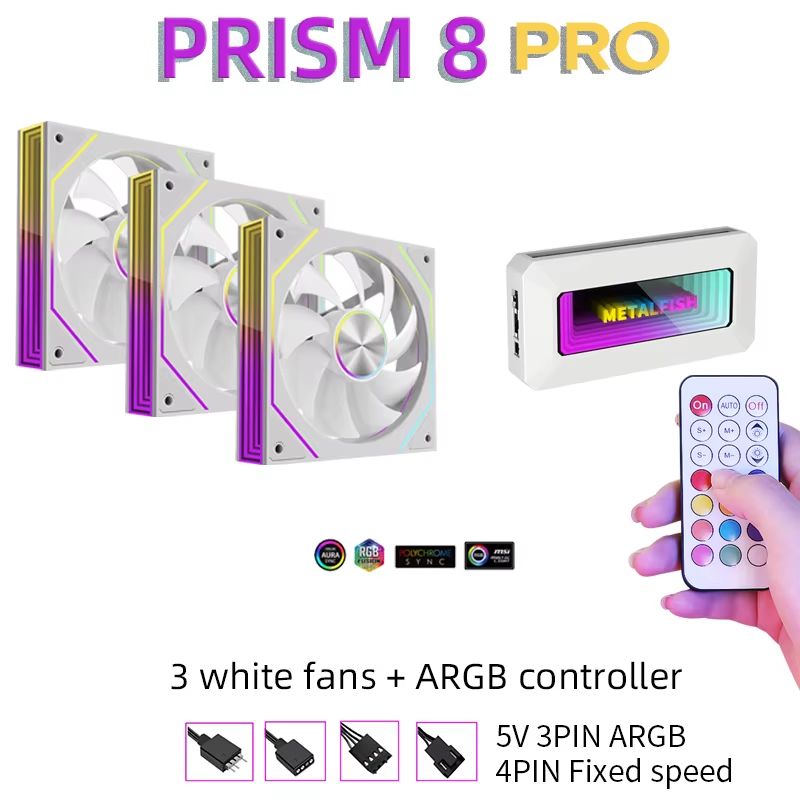 METALFISH PRISM 8 PRO 120mm ARGB Case Fan 5V 3 Pin Sync Quiet Cooling 1200RPM 9
