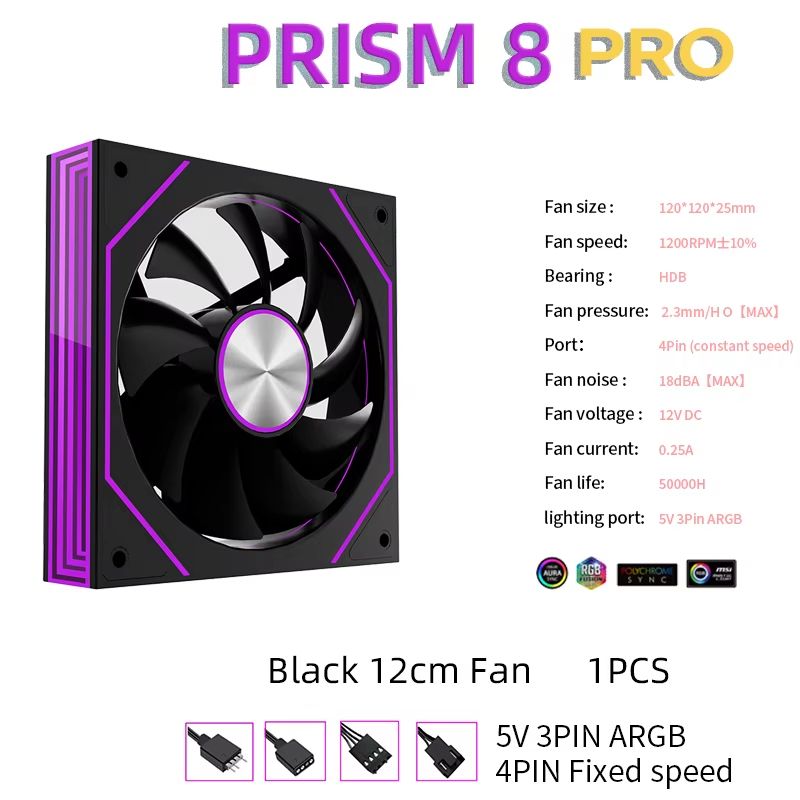 METALFISH PRISM 8 PRO 120mm ARGB Case Fan 5V 3 Pin Sync Quiet Cooling 1200RPM 7