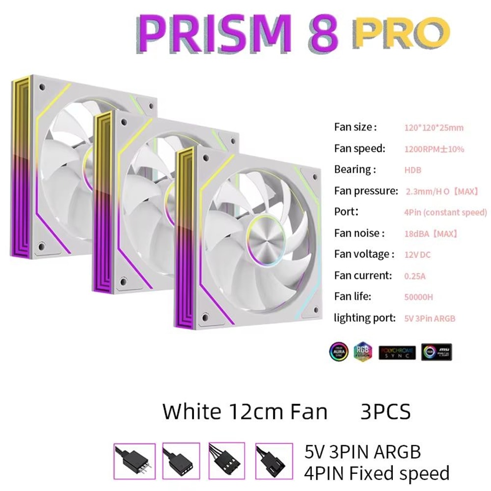 METALFISH PRISM 8 PRO 120mm ARGB Case Fan 5V 3 Pin Sync Quiet Cooling 1200RPM 8