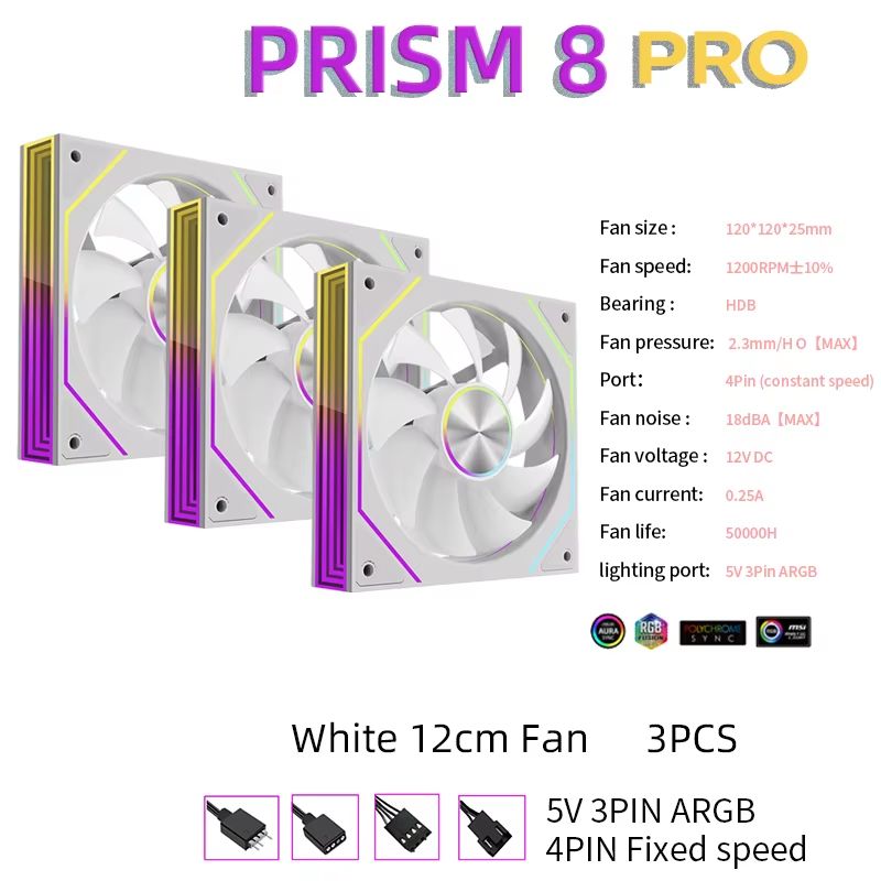 METALFISH PRISM 8 PRO 120mm ARGB Case Fan 5V 3 Pin Sync Quiet Cooling 1200RPM 8