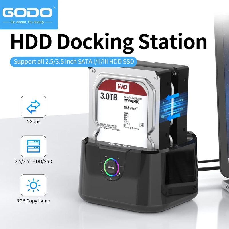 GODO SATA To USB 30 Hard Drive Docking Station For 25 35in HDD SSD With 12V3A Power Adapter 0