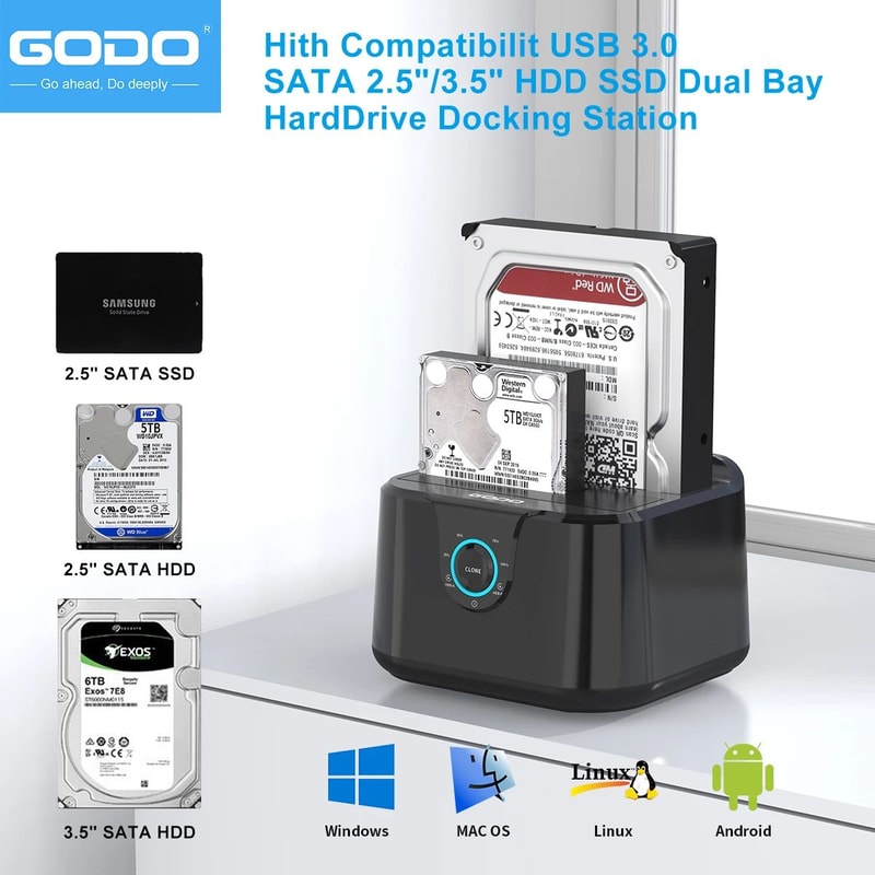GODO SATA To USB 30 Hard Drive Docking Station For 25 35in HDD SSD With 12V3A Power Adapter 1