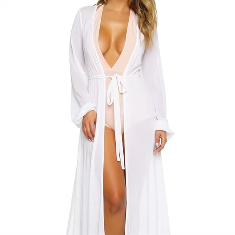 Sheer Chiffon Beach Cover Up Dress With Belt For Women 6