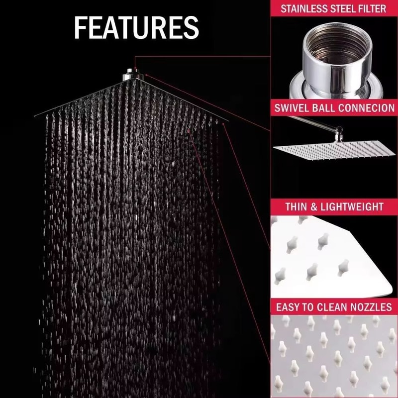 Stainless Steel Waterfall Shower Head In Black Silver Or Gold 8 10 12 5