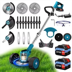 cordless riding reel lawn mower and weed trimmer with dual batteries