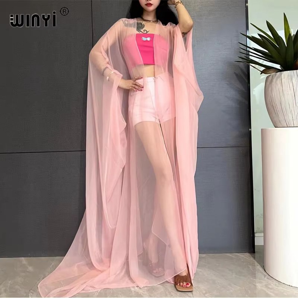 WINYI Monochrome Sheer Kimono Swimsuit Cover Up Dress For Women 1