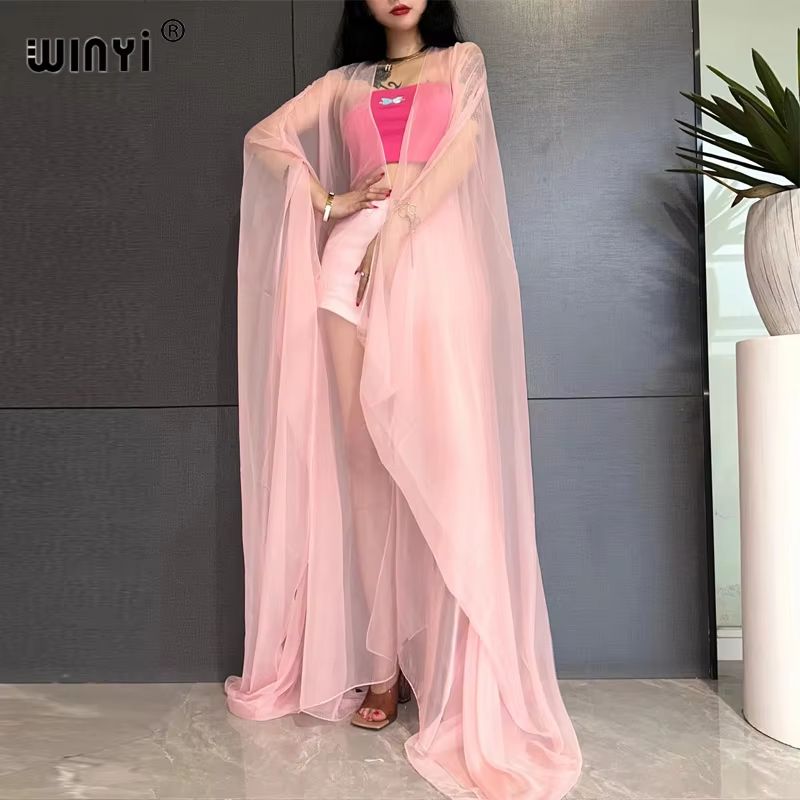 WINYI Monochrome Sheer Kimono Swimsuit Cover Up Dress For Women 2