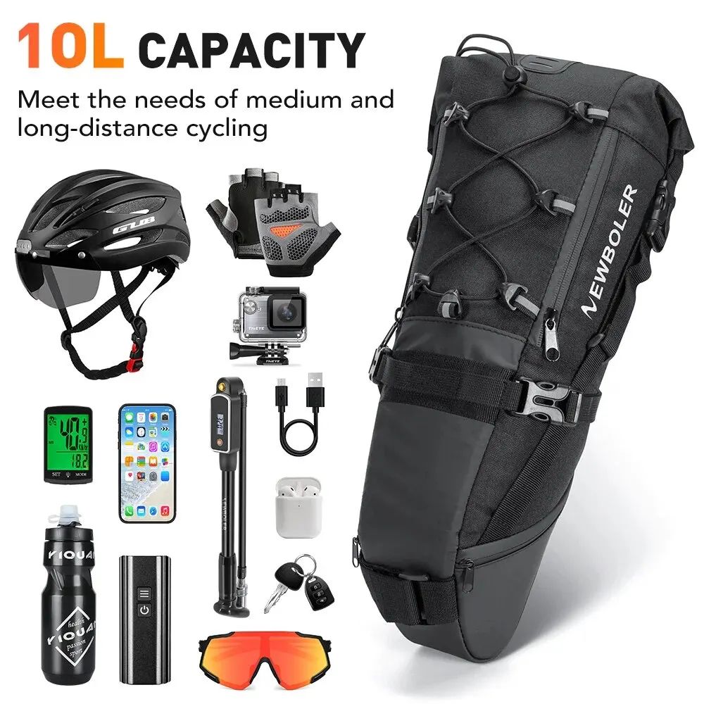 NEWBOLER 10L Waterproof Large Capacity Bicycle Tail Bag Foldable Bikepacking Rear Saddle Bag 4