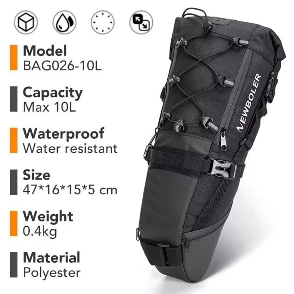 NEWBOLER 10L Waterproof Large Capacity Bicycle Tail Bag Foldable Bikepacking Rear Saddle Bag 6