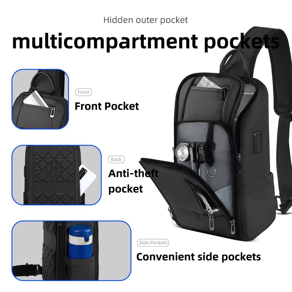 Waterproof AntiTheft Oxford Chest Crossbody Sling Bag With USB Port For Men 3