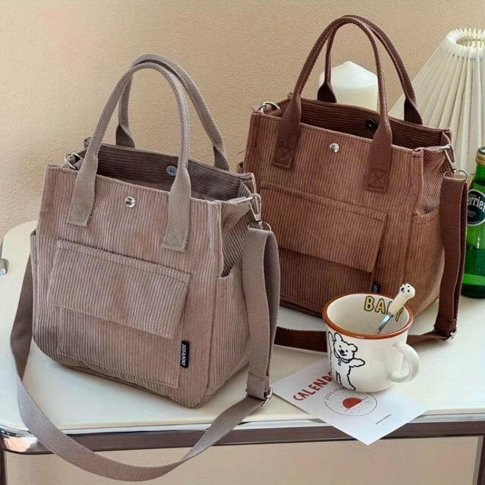 Hand Washable Corduroy Tote Bag With Multiple Pockets Everyday Shoulder Or Crossbody 1