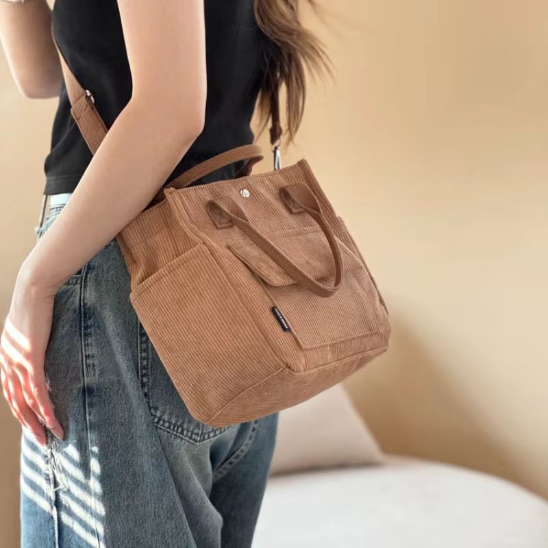 Hand Washable Corduroy Tote Bag With Multiple Pockets Everyday Shoulder Or Crossbody 8