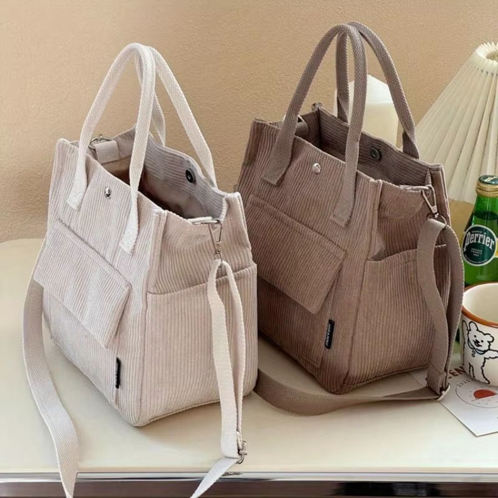 Hand Washable Corduroy Tote Bag With Multiple Pockets Everyday Shoulder And Crossbody 2