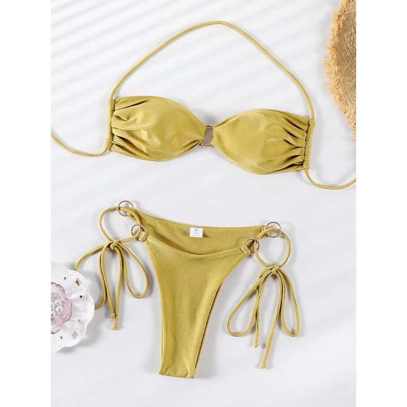 Solid Color PushUp Halter Bikini Set For Women Shiny Swimwear With Bandage Thong Beachwear 0