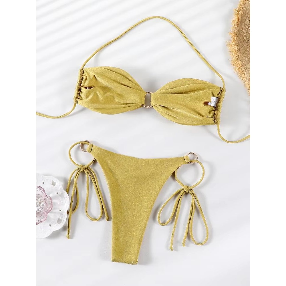 Solid Color PushUp Halter Bikini Set For Women Shiny Swimwear With Bandage Thong Beachwear 1