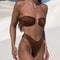 Solid Color PushUp Halter Bikini Set For Women Shiny Swimwear With Bandage Thong Beachwear 12
