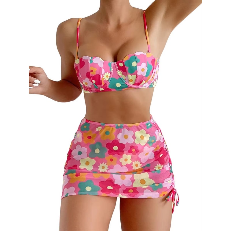 Womens 3Piece Floral Swimsuit Set With PushUp Bra Elastic Briefs And Cover Up Skirt Beachwear 0