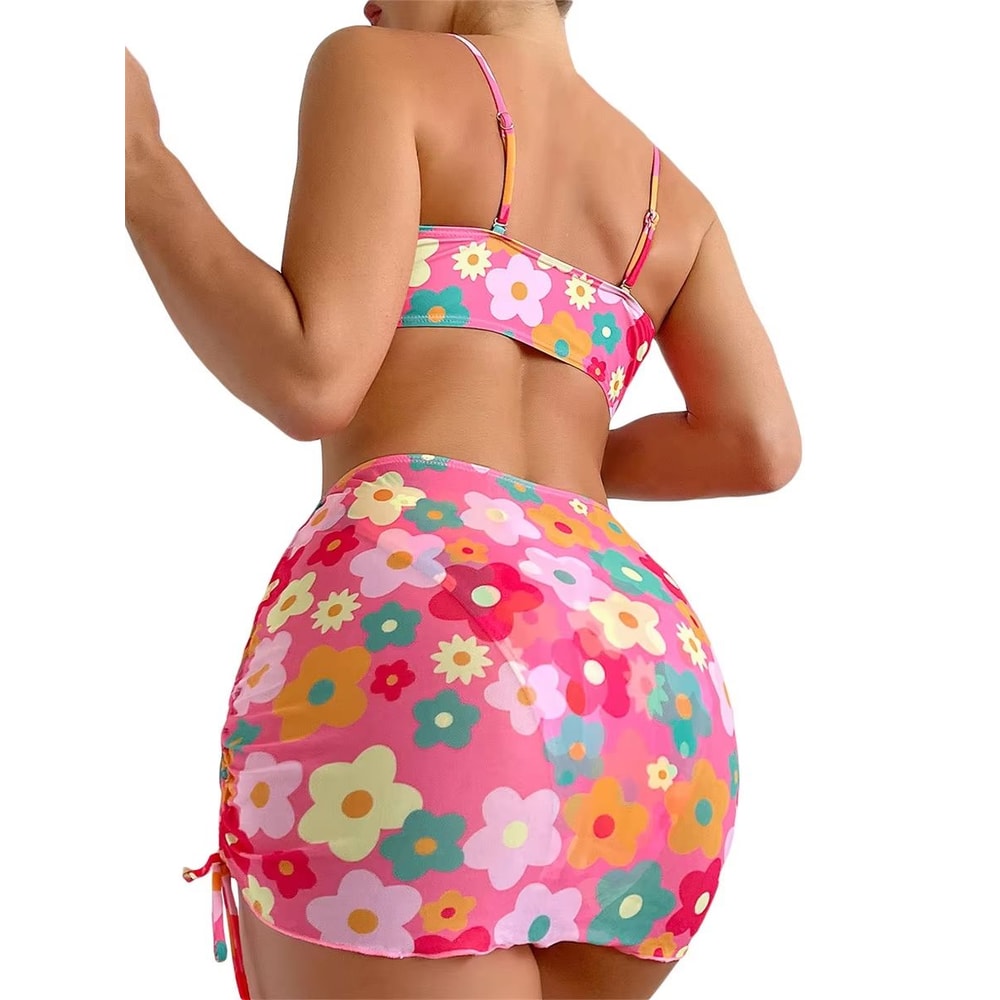 Womens 3Piece Floral Swimsuit Set With PushUp Bra Elastic Briefs And Cover Up Skirt Beachwear 3