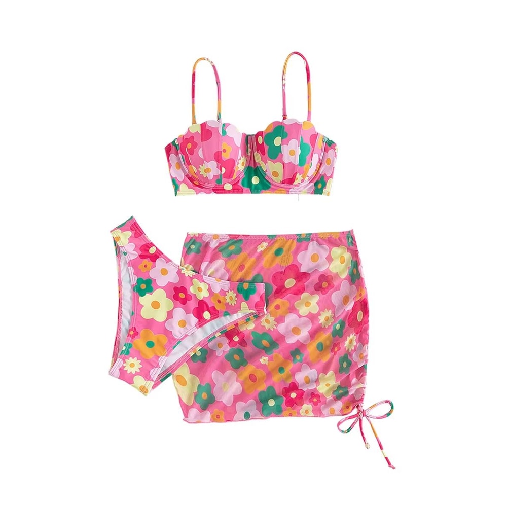 Womens 3Piece Floral Swimsuit Set With PushUp Bra Elastic Briefs And Cover Up Skirt Beachwear 4