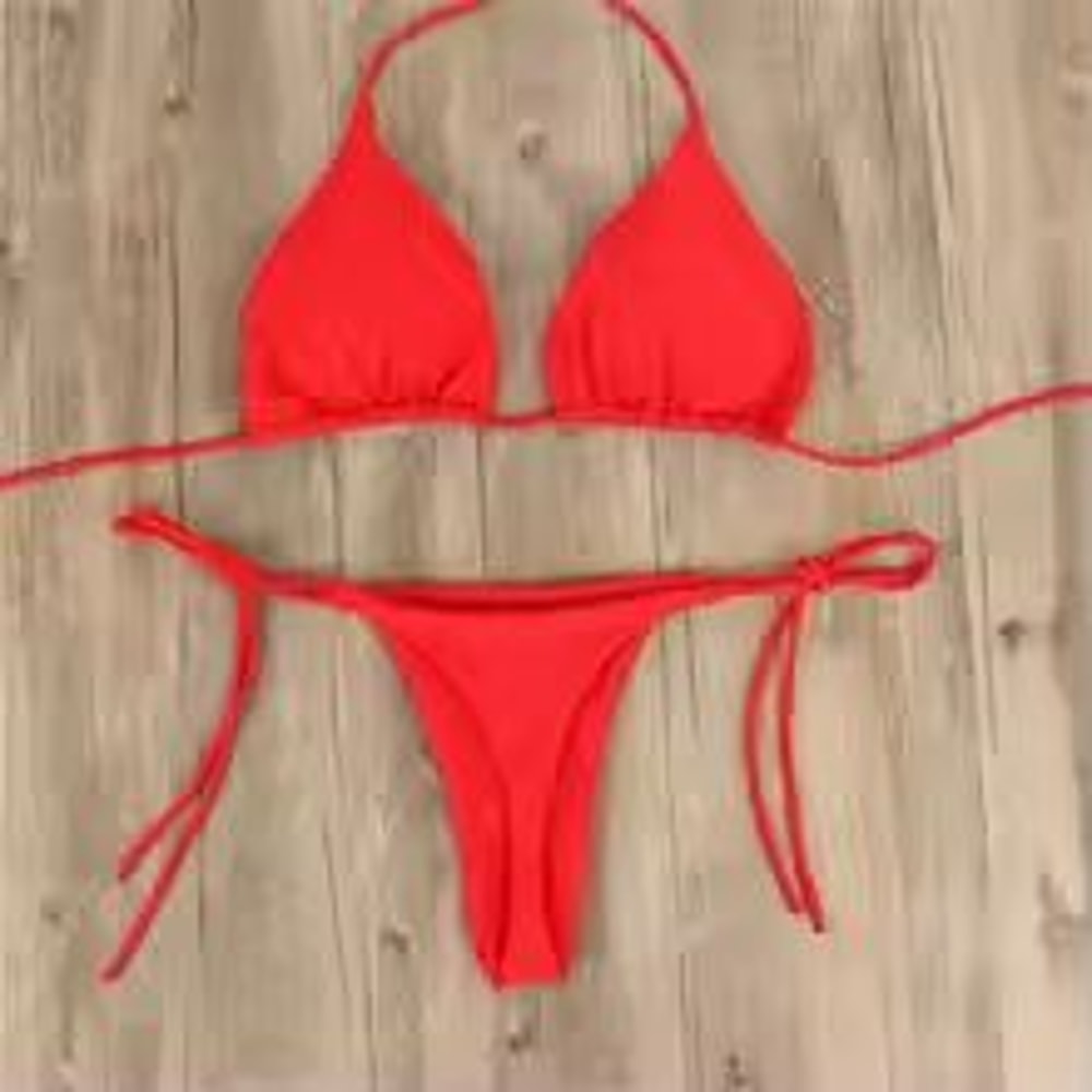 Solid Pink HighLeg Thong Bikini Set For Women Sexy 2Piece Beachwear Swimwear 0