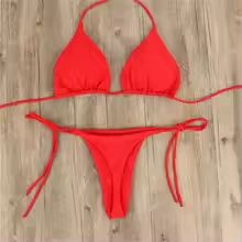 Solid Pink HighLeg Thong Bikini Set For Women Sexy 2Piece Beachwear Swimwear 0